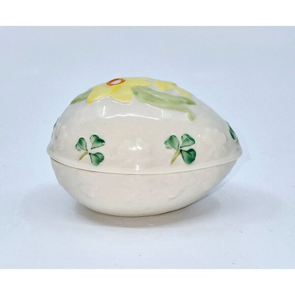 Belleek Hand-Painted Ceramic Egg-Shaped Trinket Box Yellow Daffodils & Clover - Picture 3 of 7